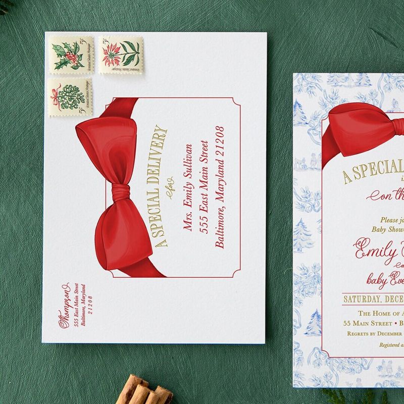 Christmas Baby Shower Invitations - Winter Baby Sprinkle - Red Bow Invites - Sip and See - Baby Girl - Gender Neutral - Santa Baby Boy (10 printed invitations, Plain White Envelopes)