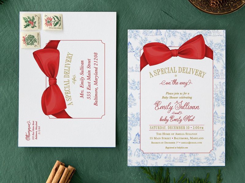 Christmas Baby Shower Invitations - Winter Baby Sprinkle - Red Bow Invites - Sip and See - Baby Girl - Gender Neutral - Santa Baby Boy (10 printed invitations, Plain White Envelopes)