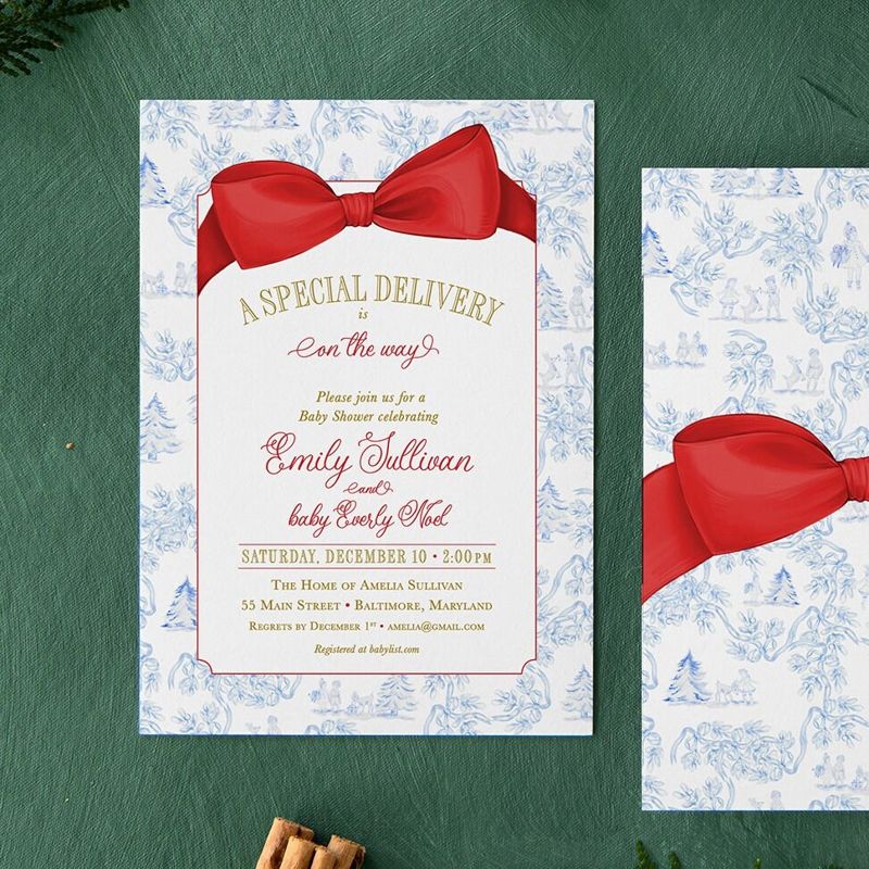 Christmas Baby Shower Invitations - Winter Baby Sprinkle - Red Bow Invites - Sip and See - Baby Girl - Gender Neutral - Santa Baby Boy (10 printed invitations, Plain White Envelopes)