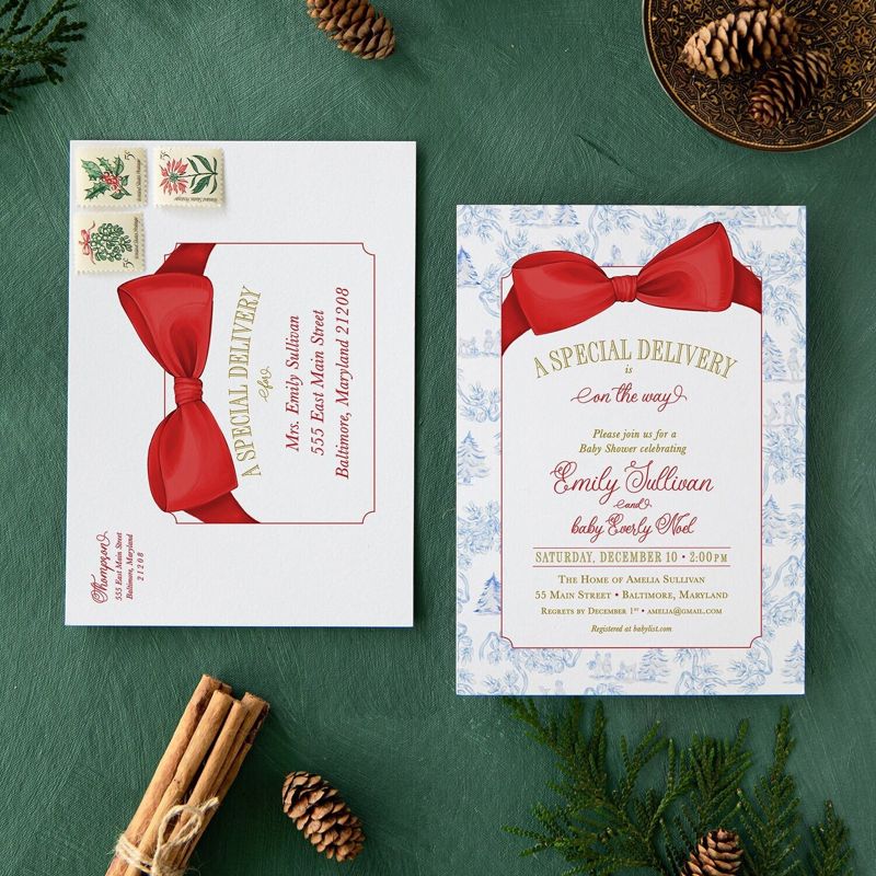 Christmas Baby Shower Invitations - Winter Baby Sprinkle - Red Bow Invites - Sip and See - Baby Girl - Gender Neutral - Santa Baby Boy (10 printed invitations, Plain White Envelopes)
