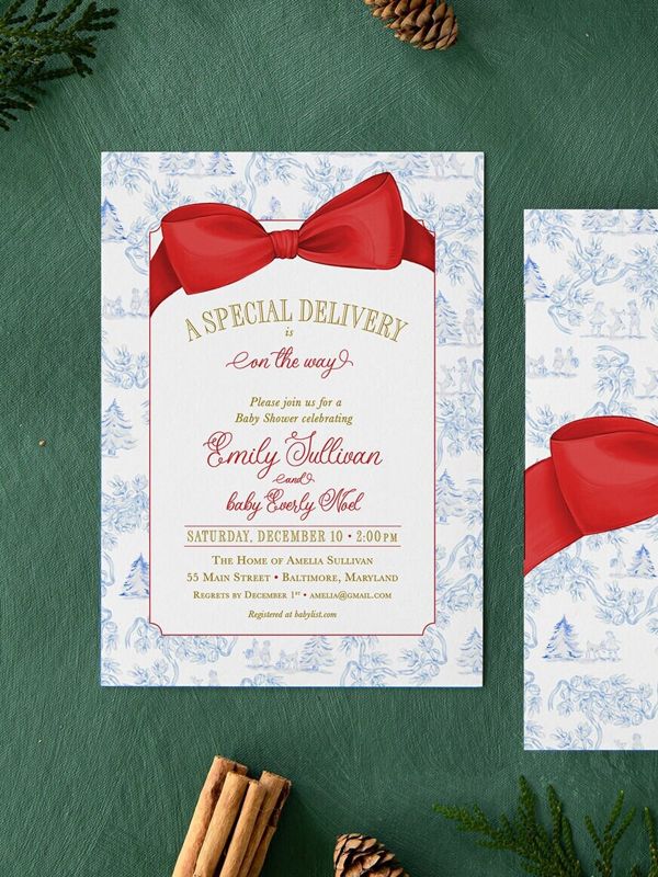 Christmas Baby Shower Invitations - Winter Baby Sprinkle - Red Bow Invites - Sip and See - Baby Girl - Gender Neutral - Santa Baby Boy (10 printed invitations, Plain White Envelopes)