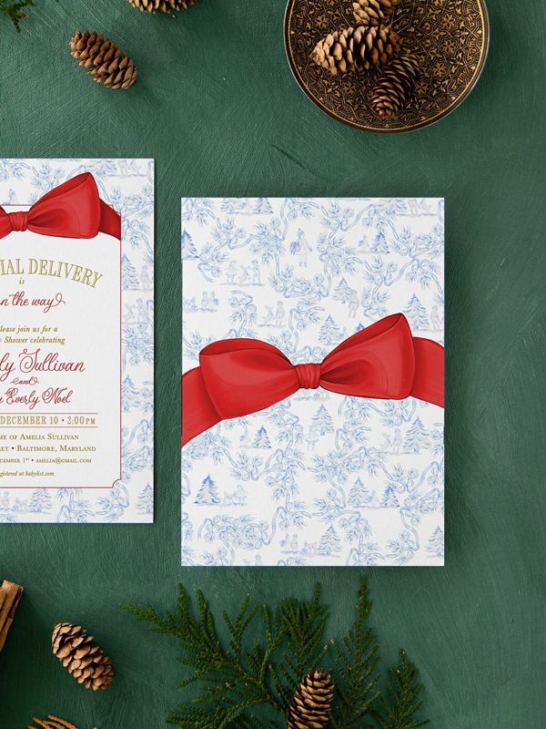 Christmas Baby Shower Invitations - Winter Baby Sprinkle - Red Bow Invites - Sip and See - Baby Girl - Gender Neutral - Santa Baby Boy (10 printed invitations, Plain White Envelopes)