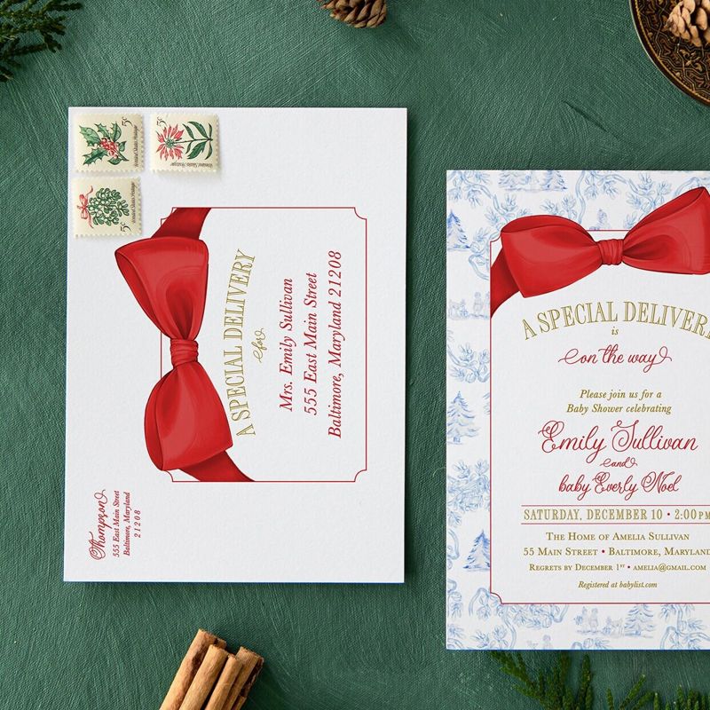 Christmas Baby Shower Invitations - Winter Baby Sprinkle - Red Bow Invites - Sip and See - Baby Girl - Gender Neutral - Santa Baby Boy (10 printed invitations, Plain White Envelopes)
