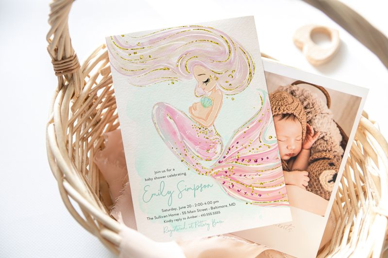 Mermaid Baby Shower Invitation Girl - Under the Sea Baby Shower Invitation - Pastel Mermaid Theme Baby Shower Invite - Mermaid Printed (10 printed invitations | Plain White Envelopes)