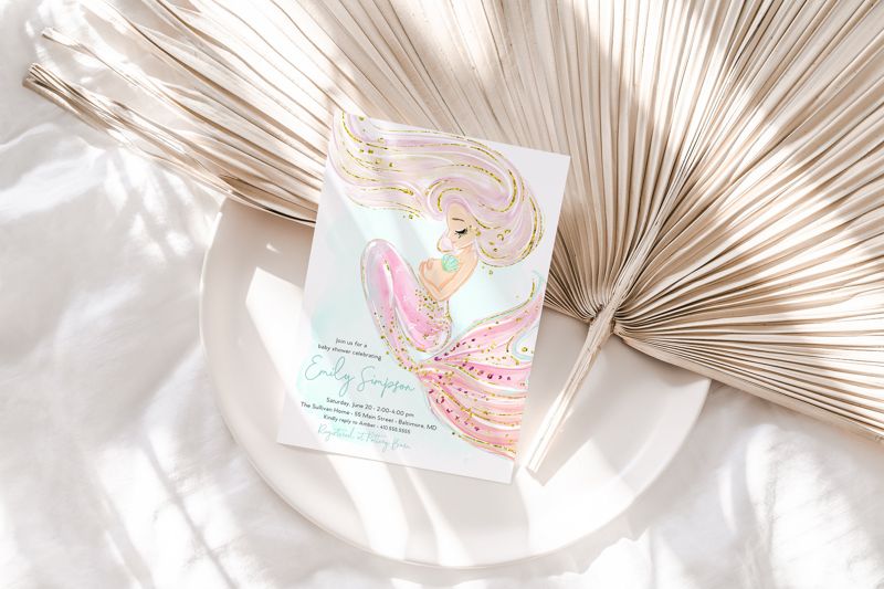 Mermaid Baby Shower Invitation Girl - Under the Sea Baby Shower Invitation - Pastel Mermaid Theme Baby Shower Invite - Mermaid Printed (10 printed invitations | Plain White Envelopes)