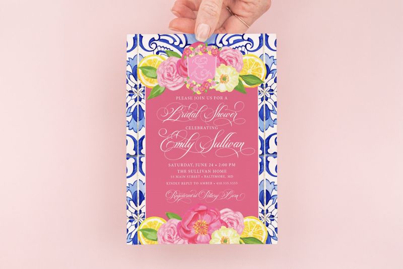 Lemon Bridal Shower Invitations - Blue Tile Lemon Invite - Italian Bridal Shower - Lemon Theme Party - Lemon Birthday - Bridesmaids Luncheon (10 printed invitations, Plain White Envelopes)