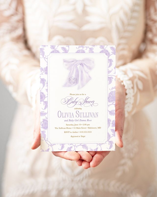 Lilac Baby Shower Invitations Girl, baby girl sprinkle, whimsical chinoiserie, fancy bow garden tea party southern sip and see Printed (10 printed invitations | Plain White Envelopes)