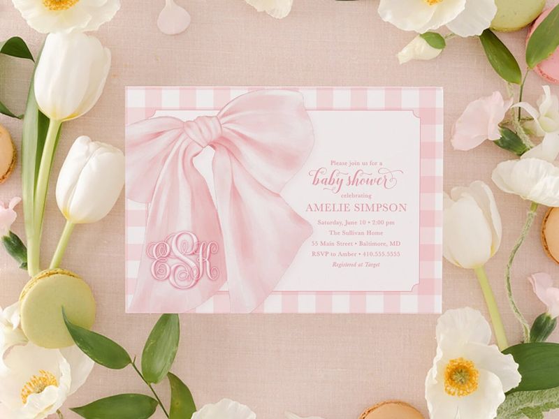 Pink Bow Baby Girl Shower Invitations, Bow First Birthday Party Invites, Preppy Pink Gingham, Girl Baby Sprinkle Printable