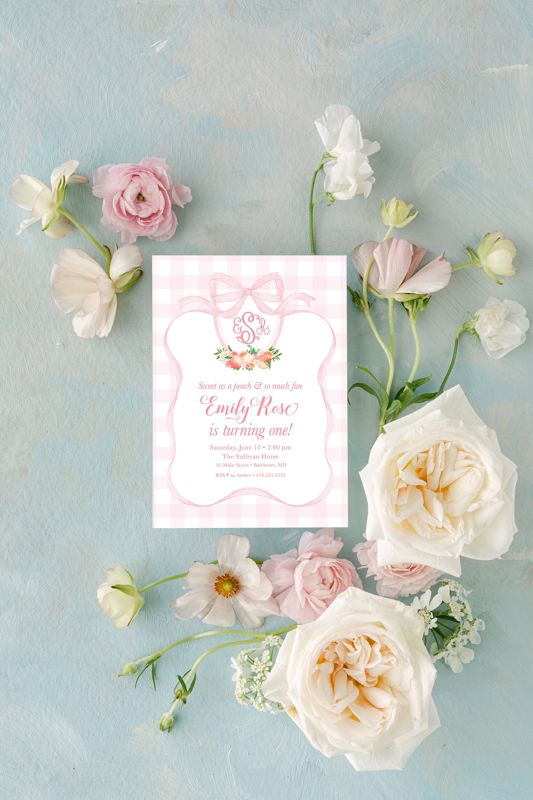 Peach First Birthday Invitation - Preppy Pink Monogram - Peach Watercolor Crest - Gingham Bow Party - Girl First Birthday Invite Printed (10 printed invitations, Plain White Envelopes)