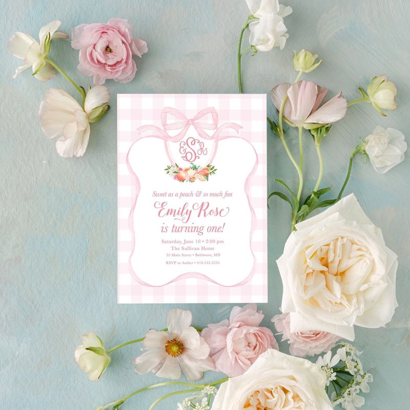 Peach First Birthday Invitation - Preppy Pink Monogram - Peach Watercolor Crest - Gingham Bow Party - Girl First Birthday Invite Printed (10 printed invitations, Plain White Envelopes)