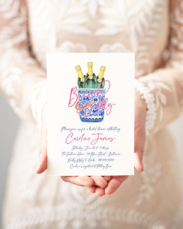 Bridal Brunch Invitation - Brunch & Bubbly Bridal Shower - Champagne Brunch -Bridesmaids Luncheon - Chinoiserie Chic Grandmillenial Printed (10 printed invitations | Plain White Envelopes)