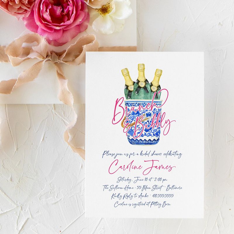 Bridal Brunch Invitation - Brunch & Bubbly Bridal Shower - Champagne Brunch -Bridesmaids Luncheon - Chinoiserie Chic Grandmillenial Printed (10 printed invitations | Plain White Envelopes)