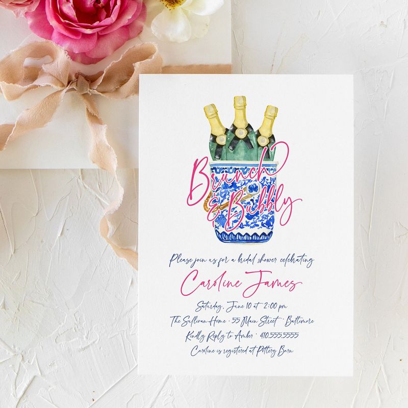 Bridal Brunch Invitation - Brunch & Bubbly Bridal Shower - Champagne Brunch -Bridesmaids Luncheon - Chinoiserie Chic Grandmillenial Printed (10 printed invitations | Plain White Envelopes)