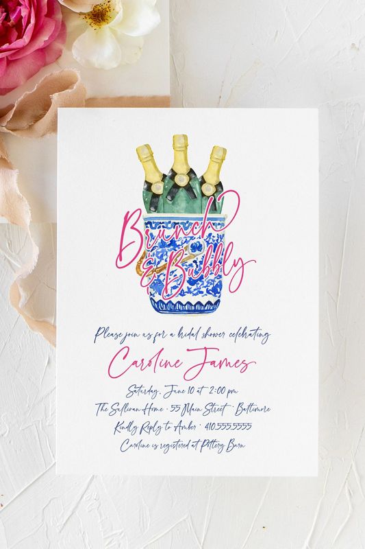 Bridal Brunch Invitation - Brunch & Bubbly Bridal Shower - Champagne Brunch -Bridesmaids Luncheon - Chinoiserie Chic Grandmillenial Printed (10 printed invitations | Plain White Envelopes)