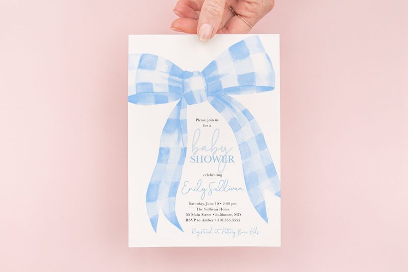 Watercolor Blue Heirloom Bow Baby Shower Invitations - Preppy Baby Blue Gingham Bow Invitation - Classic Invites - Boy Baby Sprinkle Printed (10 printed invitations | Plain White Envelopes)