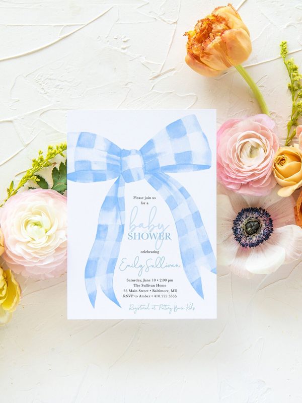 Watercolor Blue Heirloom Bow Baby Shower Invitations - Preppy Baby Blue Gingham Bow Invitation - Classic Invites - Boy Baby Sprinkle Printed (10 printed invitations | Plain White Envelopes)