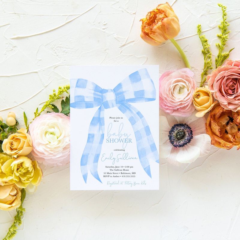 Watercolor Blue Heirloom Bow Baby Shower Invitations - Preppy Baby Blue Gingham Bow Invitation - Classic Invites - Boy Baby Sprinkle Printed (10 printed invitations | Plain White Envelopes)