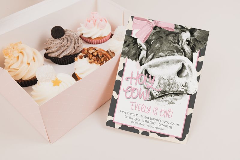 Holy Cow I'm One Invitations - Pink Cow Birthday Invites - Girl Farm Party Invite - Girl Birthday Invitation - Cow Birthday Invite Printed (10 printed invitations | Plain White Envelopes)