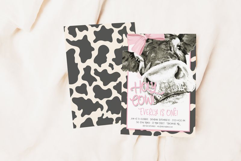 Holy Cow I'm One Invitations - Pink Cow Birthday Invites - Girl Farm Party Invite - Girl Birthday Invitation - Cow Birthday Invite Printed (10 printed invitations | Plain White Envelopes)