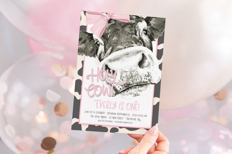 Holy Cow I'm One Invitations - Pink Cow Birthday Invites - Girl Farm Party Invite - Girl Birthday Invitation - Cow Birthday Invite Printed (10 printed invitations | Plain White Envelopes)