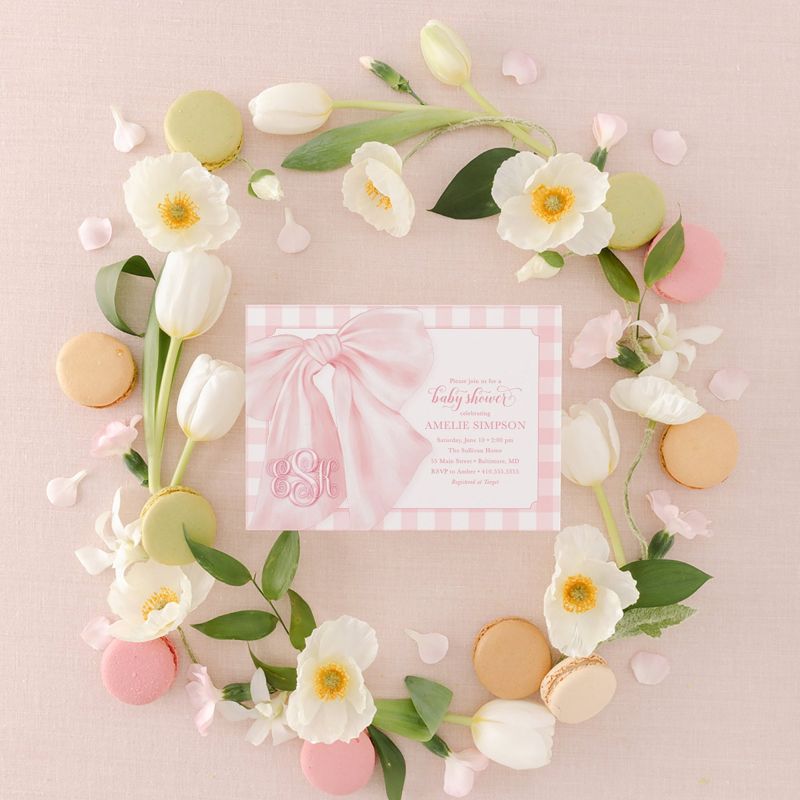 Pink Bow Baby Girl Shower Invitations, Bow First Birthday Party Invites, Preppy Pink Gingham, Girl Baby Sprinkle (10 printed invitations | Plain White Envelopes)