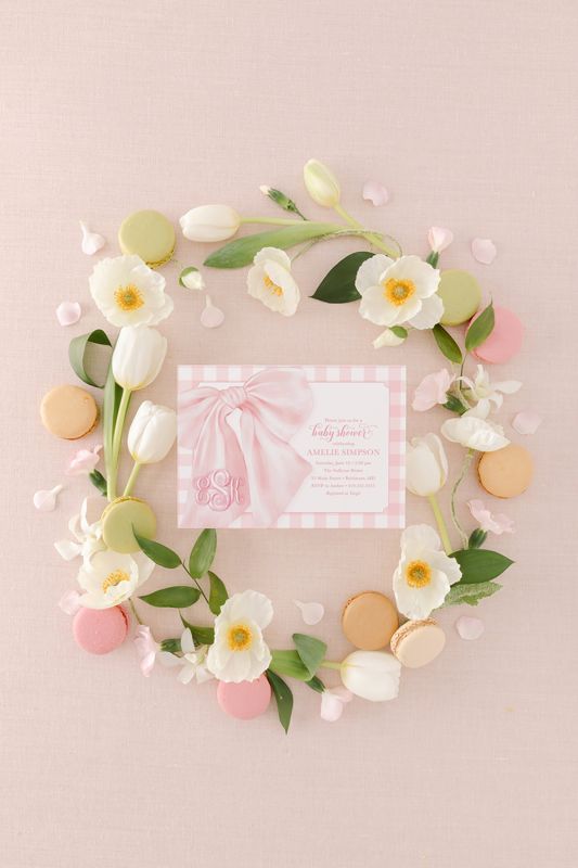 Pink Bow Baby Girl Shower Invitations, Bow First Birthday Party Invites, Preppy Pink Gingham, Girl Baby Sprinkle (10 printed invitations | Plain White Envelopes)