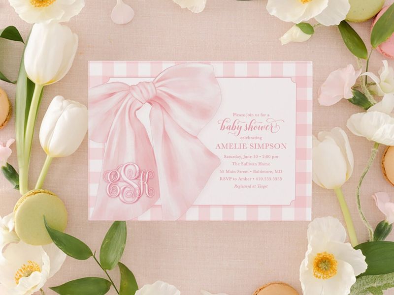 Pink Bow Baby Girl Shower Invitations, Bow First Birthday Party Invites, Preppy Pink Gingham, Girl Baby Sprinkle (10 printed invitations | Plain White Envelopes)