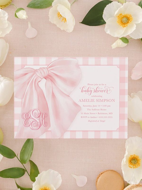 Pink Bow Baby Girl Shower Invitations, Bow First Birthday Party Invites, Preppy Pink Gingham, Girl Baby Sprinkle (10 printed invitations | Plain White Envelopes)