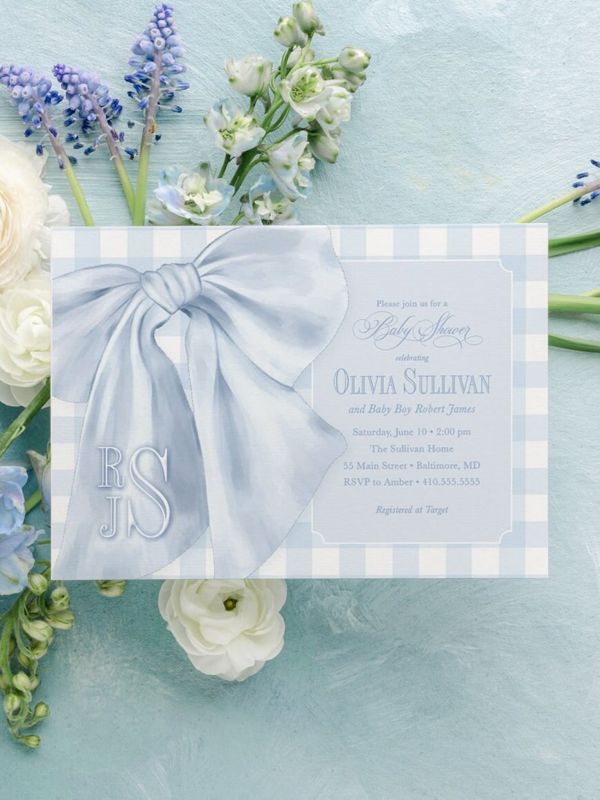 Baby Blue Gingham Boy Shower Invitations - Boy Baby Sprinkle - Classic Blue Monogram Bow - Traditional Boy Sip and See Baby Brunch Printed (10 printed invitations | Plain White Envelopes)