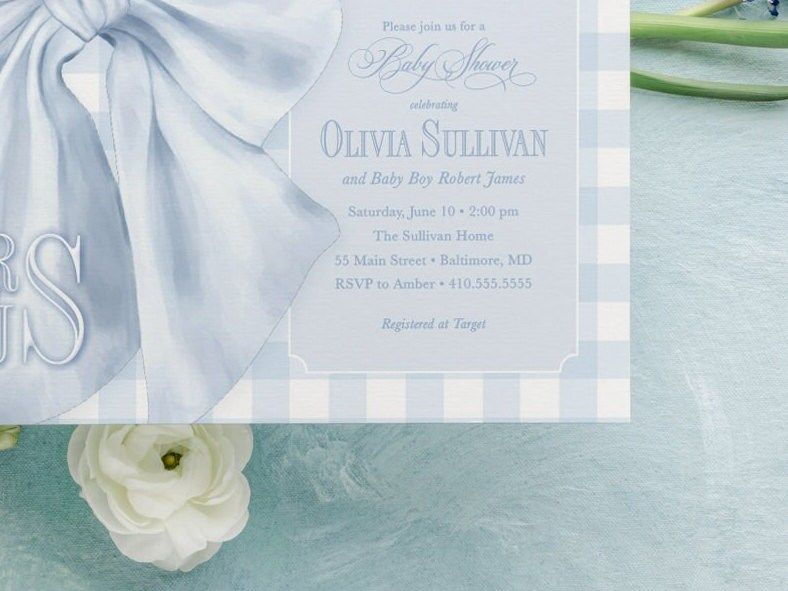 Baby Blue Gingham Boy Shower Invitations - Boy Baby Sprinkle - Classic Blue Monogram Bow - Traditional Boy Sip and See Baby Brunch Printed (10 printed invitations | Plain White Envelopes)