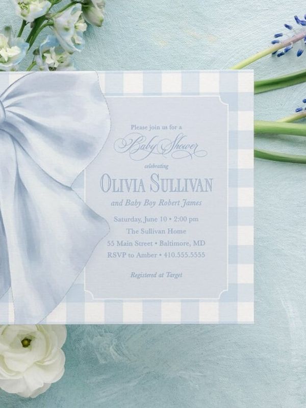 Baby Blue Gingham Boy Shower Invitations - Boy Baby Sprinkle - Classic Blue Monogram Bow - Traditional Boy Sip and See Baby Brunch Printed (10 printed invitations | Plain White Envelopes)