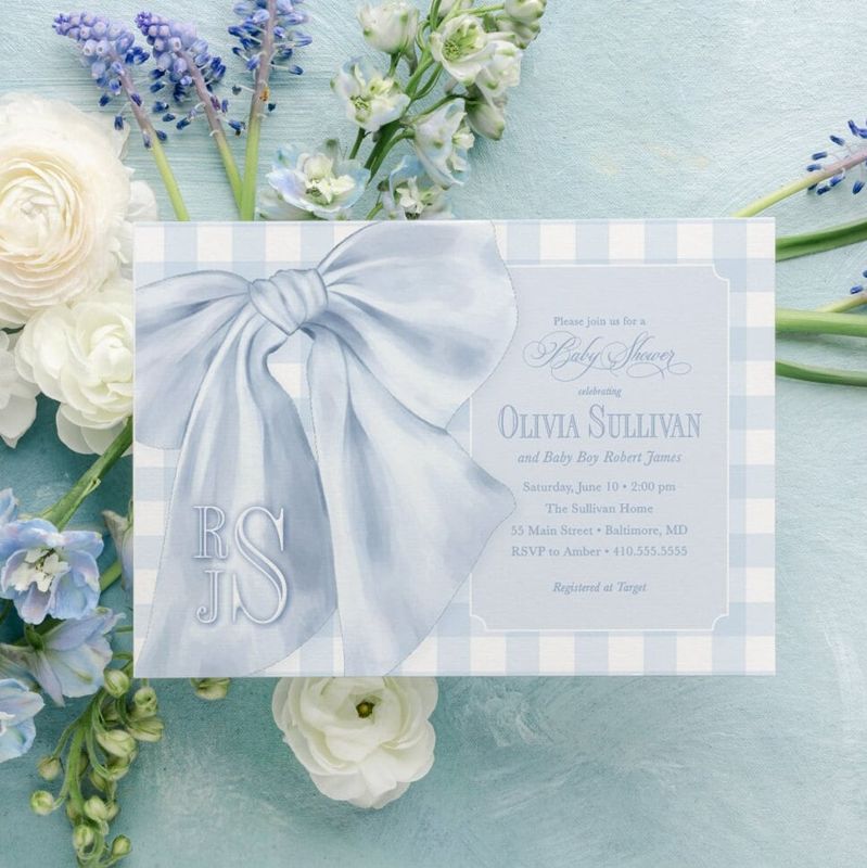 Baby Blue Gingham Boy Shower Invitations - Boy Baby Sprinkle - Classic Blue Monogram Bow - Traditional Boy Sip and See Baby Brunch Printed (10 printed invitations | Plain White Envelopes)