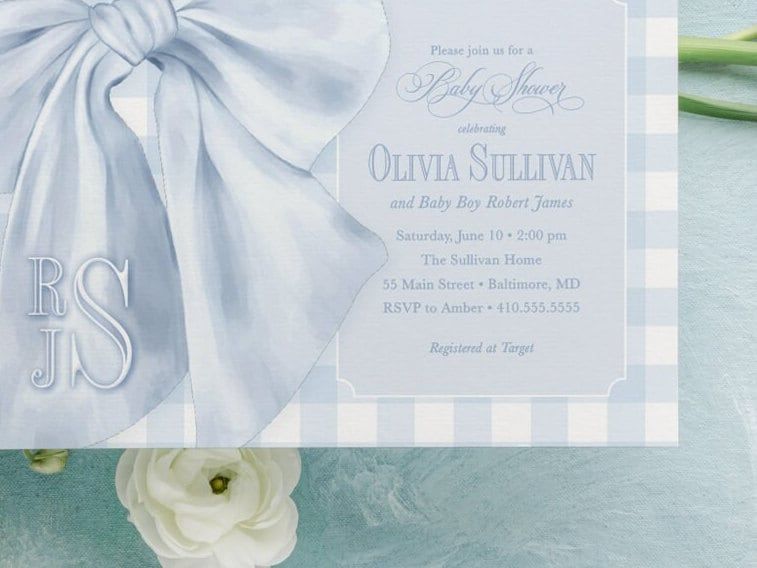 Baby Blue Gingham Boy Shower Invitations - Boy Baby Sprinkle - Classic Blue Monogram Bow - Traditional Boy Sip and See Baby Brunch Printed (10 printed invitations | Plain White Envelopes)
