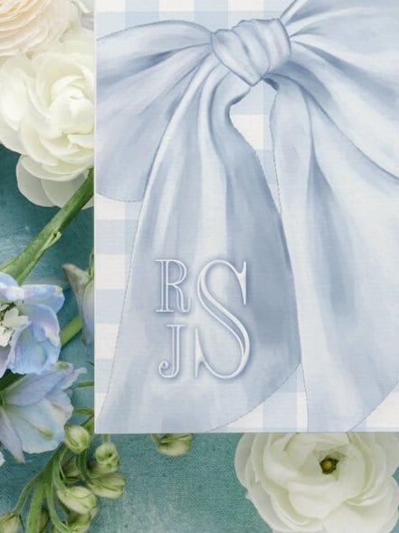 Baby Blue Gingham Boy Shower Invitations - Boy Baby Sprinkle - Classic Blue Monogram Bow - Traditional Boy Sip and See Baby Brunch Printed (10 printed invitations | Plain White Envelopes)