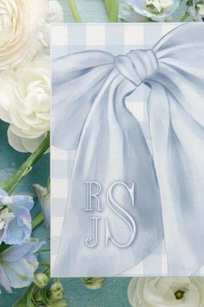 Baby Blue Gingham Boy Shower Invitations - Boy Baby Sprinkle - Classic Blue Monogram Bow - Traditional Boy Sip and See Baby Brunch Printed (10 printed invitations | Plain White Envelopes)