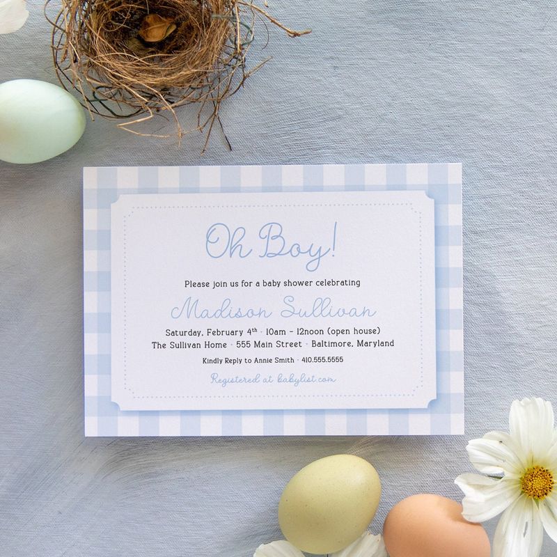 Baby Shower Invitations Boy - Baby Boy Sprinkle Invites - Classic Invitation - Traditional shower invites - Soft Blue Gingham Printed (10 printed invitations | Plain White Envelopes)