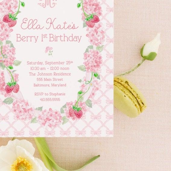 Berry First Birthday Invitations for Girl, Strawberries and Bows, Girl Birthday Party Invites, Strawberry and Hydrangeas Printable
