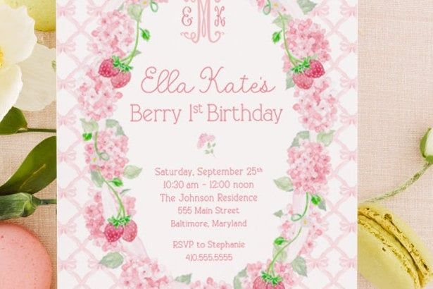 Berry First Birthday Invitations for Girl, Strawberries and Bows, Girl Birthday Party Invites, Strawberry and Hydrangeas Printable