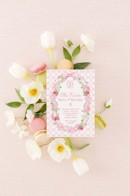 Berry First Birthday Invitations for Girl, Strawberries and Bows, Girl Birthday Party Invites, Strawberry and Hydrangeas Printable