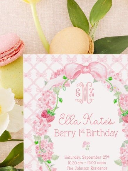 Berry First Birthday Invitations for Girl, Strawberries and Bows, Girl Birthday Party Invites, Strawberry and Hydrangeas Printable