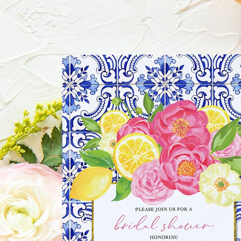 Lemon Bridal Shower Invitations, Italian Blue Tile Invite, Positano Tuscan Bridal Luncheon, Birthday Invite Woman, Brunch with Bride Printed (10 printed invitations, Plain White Envelopes)