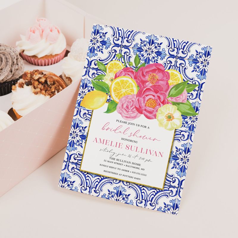 Lemon Bridal Shower Invitations, Italian Blue Tile Invite, Positano Tuscan Bridal Luncheon, Birthday Invite Woman, Brunch with Bride Printed (10 printed invitations, Plain White Envelopes)