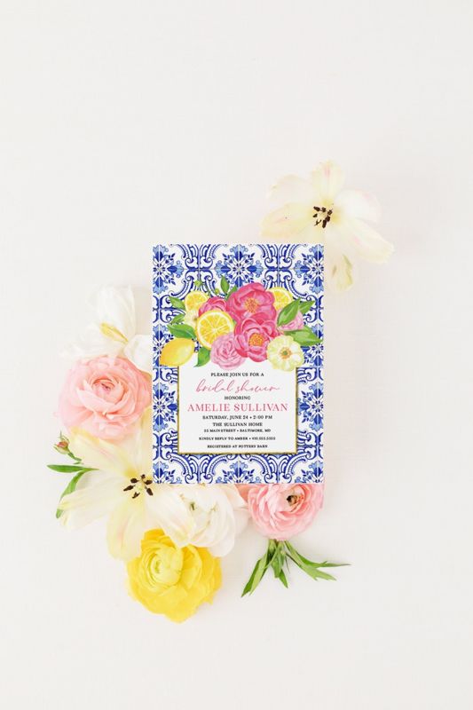 Lemon Bridal Shower Invitations, Italian Blue Tile Invite, Positano Tuscan Bridal Luncheon, Birthday Invite Woman, Brunch with Bride Printed (10 printed invitations, Plain White Envelopes)