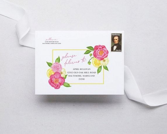 Lemon Bridal Shower Invitations, Italian Blue Tile Invite, Positano Tuscan Bridal Luncheon, Birthday Invite Woman, Brunch with Bride Printed (10 printed invitations, Plain White Envelopes)