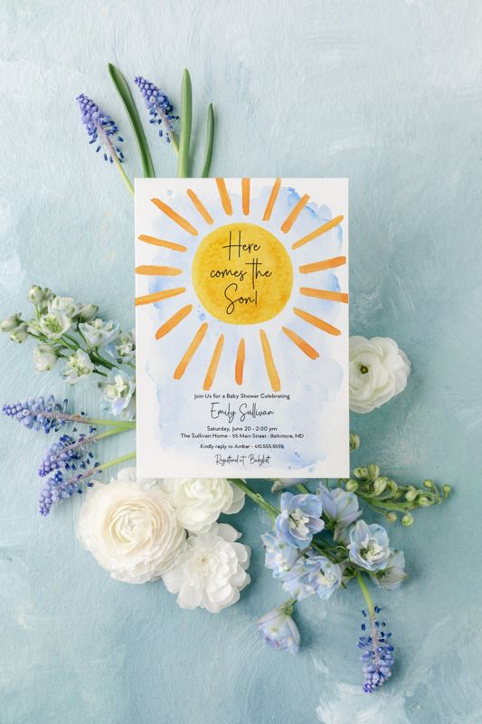 Here Comes the Son - Boy Sunshine Baby Shower Invitation - Boy Baby Sprinkle - Summer Baby Shower (10 printed invitations | Plain White Envelopes)