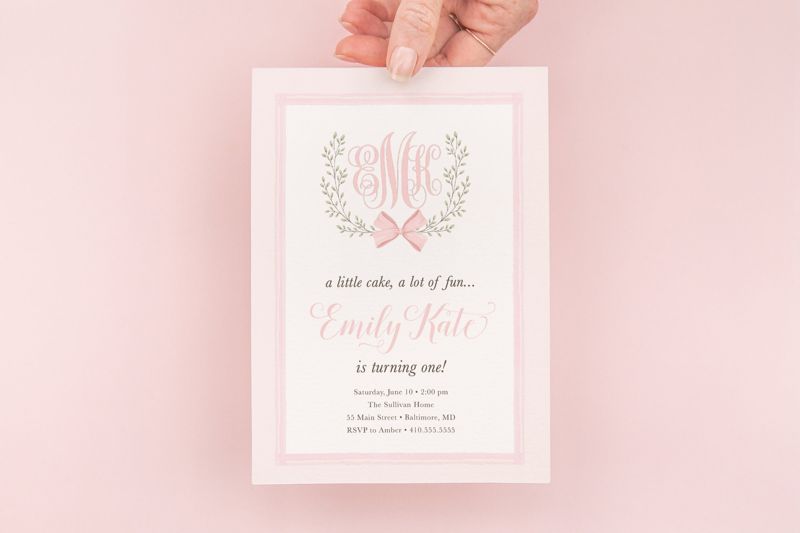 Pink Bow Invitation, Girl First Birthday, Preppy Classic Monogram, First Birthday Party Invitations, 1st Birthday Monogram Watercolor Crest (10 printed invitations | Plain White Envelopes)