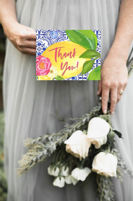 Tuscan Lemon Portuguese Tile and Hot Pink Flowers Thank You Notes (20 printed notes)