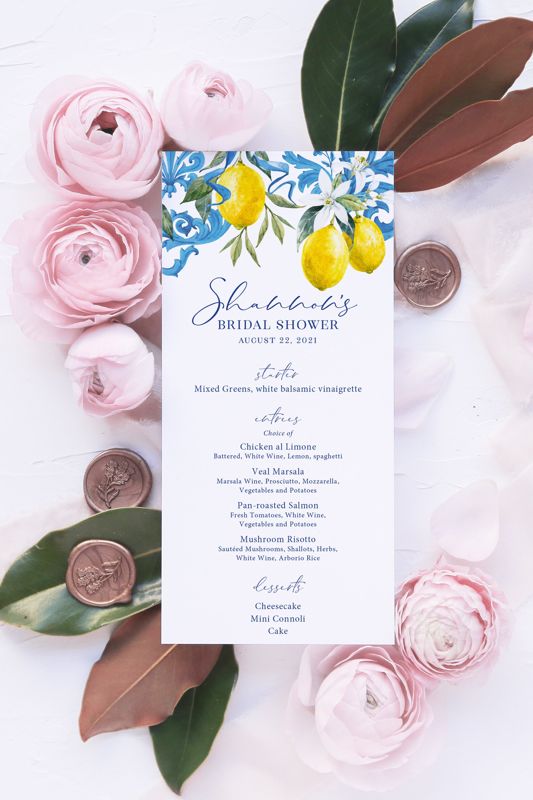 Lemon and Blue Tile Bridal Shower Printed Menu Cards - Blue Tile and Lemon Bridal Shower Printed Menu Cards (JPG one per page)