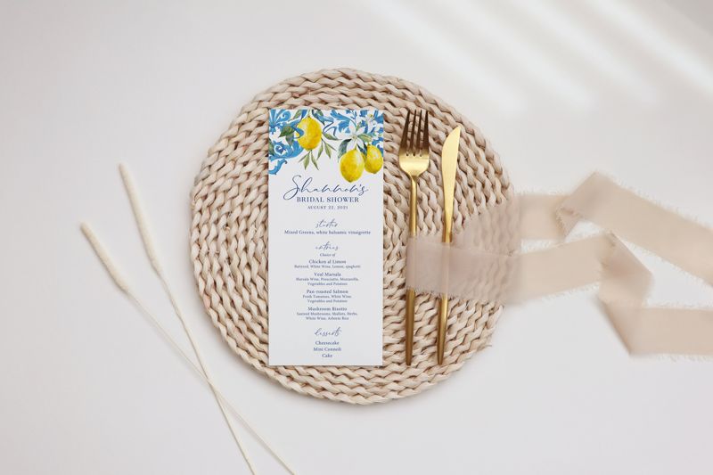 Lemon and Blue Tile Bridal Shower Printed Menu Cards - Blue Tile and Lemon Bridal Shower Printed Menu Cards (JPG one per page)