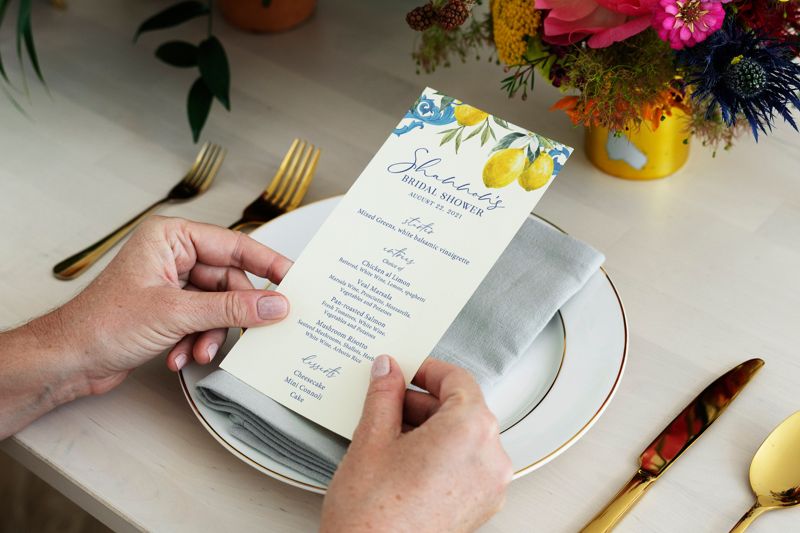 Lemon and Blue Tile Bridal Shower Printed Menu Cards - Blue Tile and Lemon Bridal Shower Printed Menu Cards (JPG one per page)